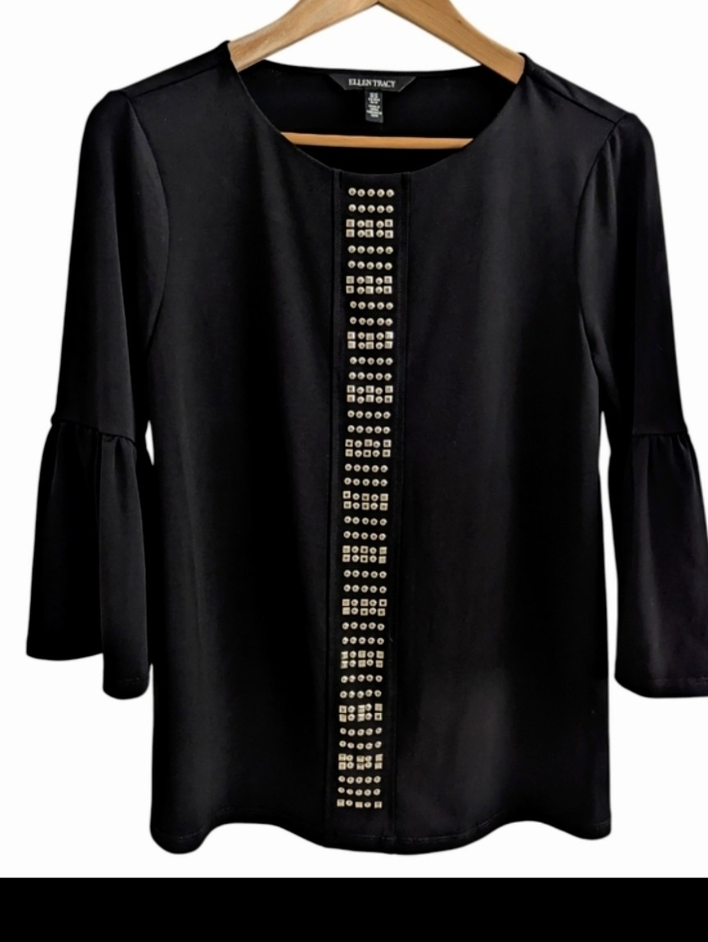 ELLEN TRACY Black Bell Sleeve Top With Embellishments Medium